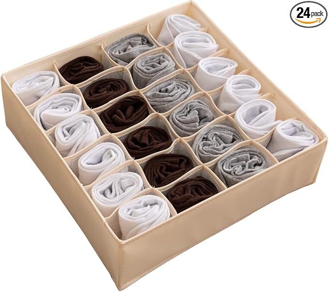 ALYER Collapsible Fabric Drawer Organizer Divider,Closet Storage Box Bins Containers for Panties,Underwear, Ties,Bras, Socks, Lingerie (Beige-24 Cells)