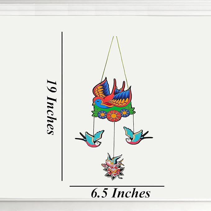 Decorative Bird Mobile Wall Hanging, Colorful Swallow Design with Flowers, Traditional Tattoo Style Art Evil Eye (Bird_Hanging_D_1)