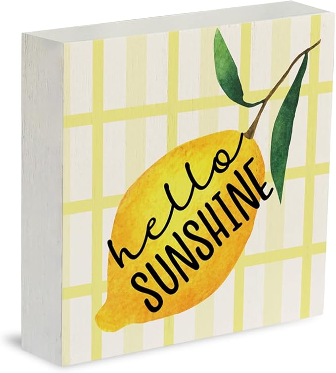 IYEZH Lemon Decor Farmhouse Lemon Wooden Box Sign Rustic Country Hello Sunshine Lemon Box Sign Wood Sign Decor Summer Square Wood Sign Home Kitchen Desk Tabletop Shelf Decor 5 x 5
