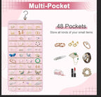 Dynoro Double-Sided Hanging Jewelry Organizer, Large Pink Storage Roll for Earrings, Necklaces, Rings, 48 Pockets 21 Hooks, Durable Oxford Fabric for Closet, Wall, Door, 1 piece, Jewelry Not Included