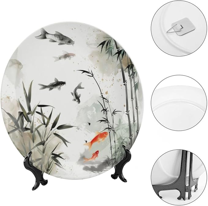Ink Painting Theme Decorative Ceramic Plate Round Porcelain Plate,Tree and Fish Pattern,for Decorative Ornaments Giving Plates, 1 Plate with 1 Display Stand,Black White red,6 inch