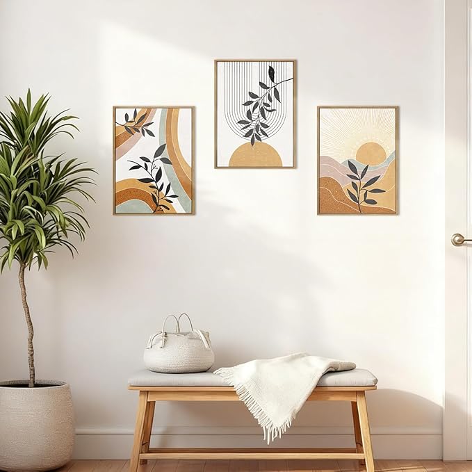 BINCUE Boho Line Wall Art Abstract Plants Wall Decor Mid Century Modern Artwork Framed Boho Abstract Paintings Orange Abstract Wall Pictures Orange Art Prints for Living Room Bedroom Office Farmhouse 12"x16" Set of 3
