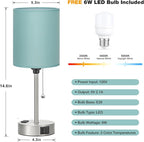 Dicoool Teal Bedside Lamp for Nightstand - 3 Color Temperature Table Lamp with USB C and A Ports, Pull Chain Lamp for Bedroom with AC Outlet, Coastal Desk Lamp with Silver Metal Base for Kids Girls
