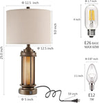 AIEAMPDO Set of 2 Farmhouse Table Lamps for Living Room, Rustic Vintage Bedside Lamps with 2 USB Ports, Bedroom Nightstand Lamp with Amber Glass Nightlight for End Table Entryway, 4 Bulbs Includes