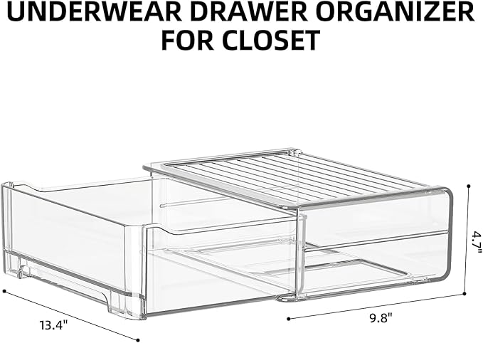 Underwear Drawer Organizer, Plastic Bra Storage Organizer for Closet, Bra Shelf Organizer, Clear Plastic Bra Drawers Stackable Pull Out Drawer Closet Organizer for Belts, Ties, Scarf