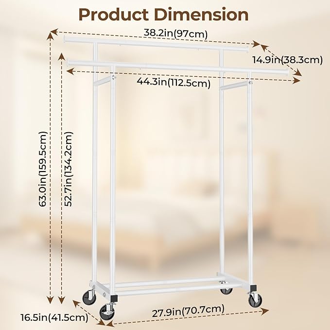Double Rods Clothes Rack, Rolling Clothing Rack for Hanging Clothes Portable Wardrobe Rack, Metal Garment Rack Sturdy Coat Rack for Bedroom Laundry Living Room, White