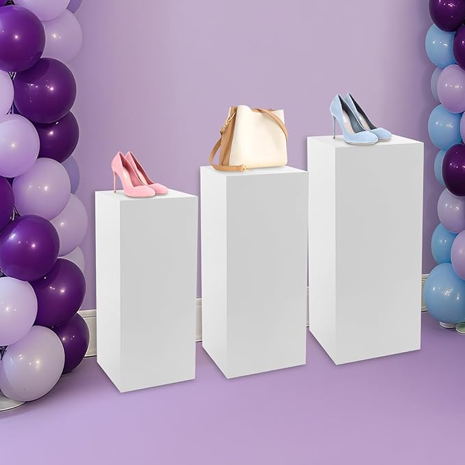 3 PCS Display Pedestal Stand, Metal Display Pedestal Stands Decoration Cube Sculpture Displays Column Square Displays Stands Pillars for Wedding Party Baby Shower Birthday (White, 3PCS)