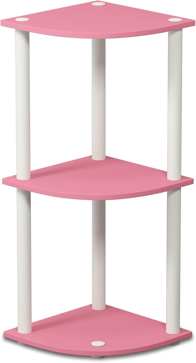 Furinno TURN-N-TUBE Corner Shelf, 3-Tier Corner Bookshelf, Display Storage Shelves with Open Shelves, for Organization and Storage, Living Room, Home Office, Garage, Pink