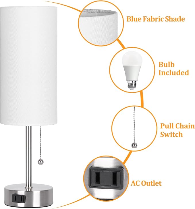 Dott Arts Table Lamp for Bedroom, 3-Color Bedside Lamps with Pull Chain, Bedroom Table Lamps for Nightstand,AC Outlet Small Lamp for Living Room, Bulb Included Nickel