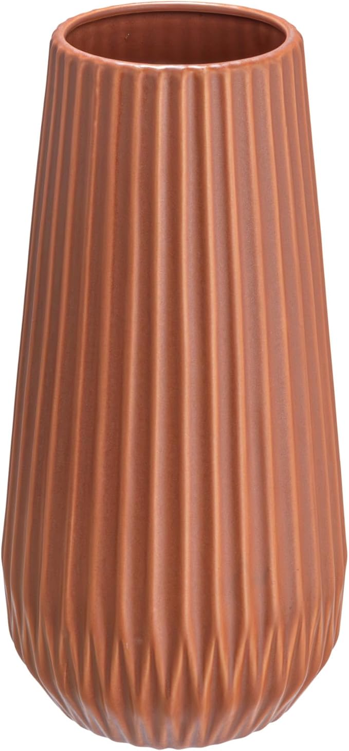 Bloomingville Round Stoneware Fluted Vase with Embossed Lines, Matte Terracotta