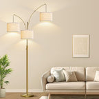 Dimmable Floor Lamp, 3 Light Brass Arc Floor Lamp, Modern Tall Standing Tree Lamp with White Linen Shades & Heavy Base, 3000LM LED Bulbs, Bright Lighting for Living Room, Bedroom, Office & Reading