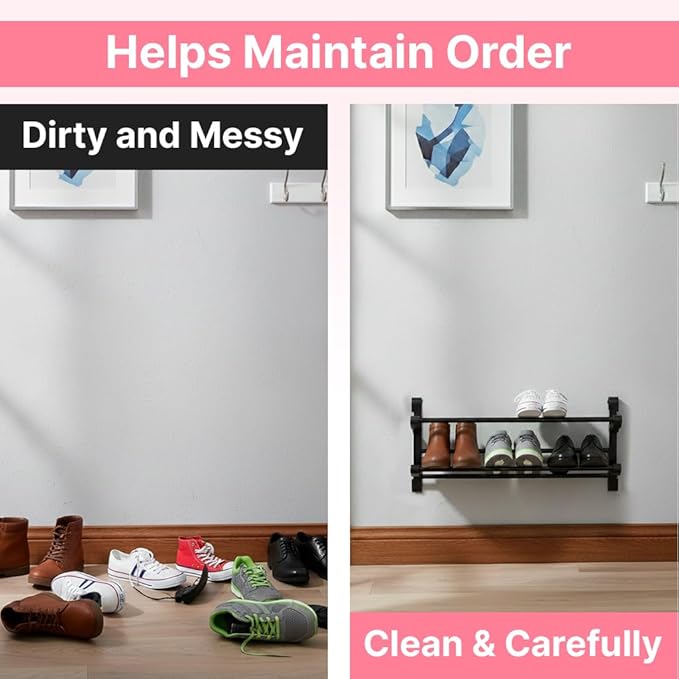 Foldable 26-Inch Wall Mounted Shoe Rack Organizer, Holds 6 Pairs, Small Hanging Shoe Rack for Entryway, Door or Closet, Space-Saving Wall Shoe Storage