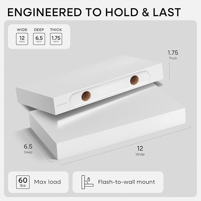 Homeforia White Floating Shelf 12 inch, High End Solid Real Wood Small 12inch Floating Shelves for Wall Mounted, White Wooden 12 in Floating Shelves, Heavy Duty Bracket, 12 X 6.5 X 1.75 inch, Set of 4