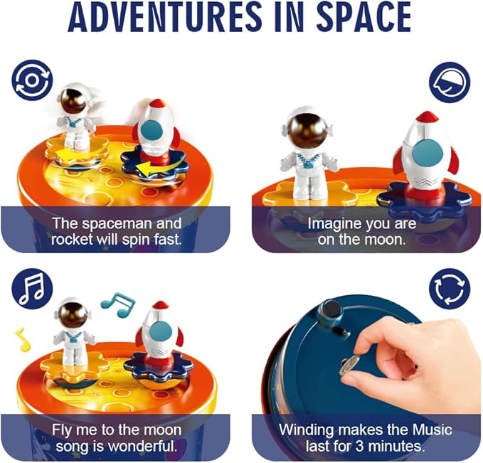 Moon Landing Music Box with Astronaut & Rocket Figures – Wind-Up Musical Space Toy Plays “Fly Me to the Moon” – Spinning Cake Topper Decoration – 4+ Minute Playtime – Birthday Gift for Kids & Adults