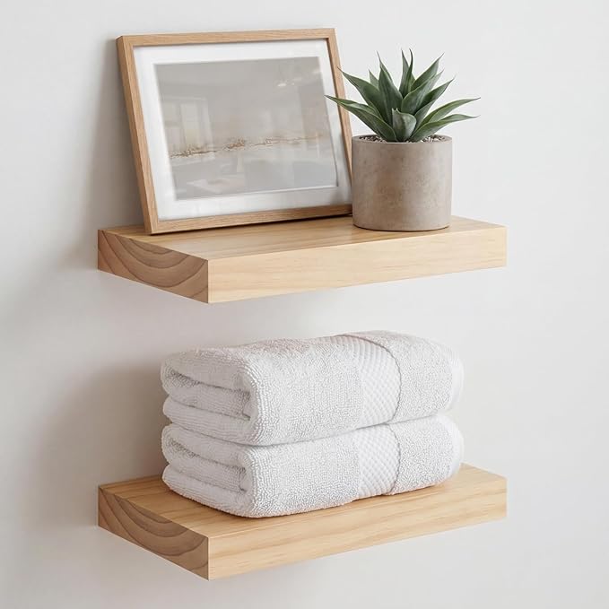 Homeforia 12 inch Natural Floating Shelf, High End Solid Real Wood 12inch Small Floating Shelves for Wall Mounted, Natural Wooden Floating Shelves, Heavy Duty Bracket, 12 X 6.5 X 1.75 in, Set of 3