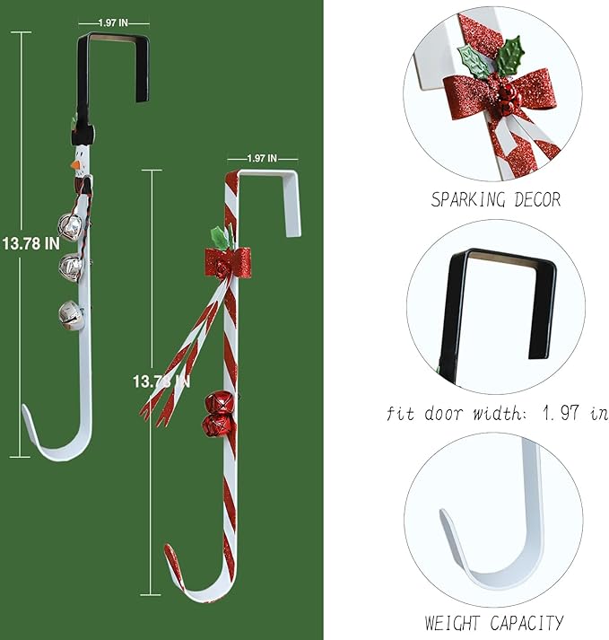 2 Pack Candy Cane Snowman Wreath Hangers for Front Door,Christmas Decoration Metal Over The Door Single Wreath Hook Ornament Door Wreath Hanger,Door Hanger for Wreath Front Door