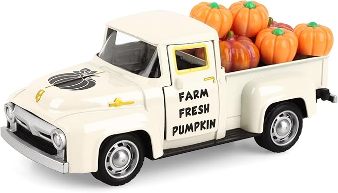 Fall Pumpkin Metal Truck Fall Home Kitchen Decorations with 8 Pcs Plastic Pumpkin, Vintage Farmhouse Tabletop Tiered Tray Decor for Summer Home Kitchen Mantel Shelf Bookshelf Mini Truck Decor