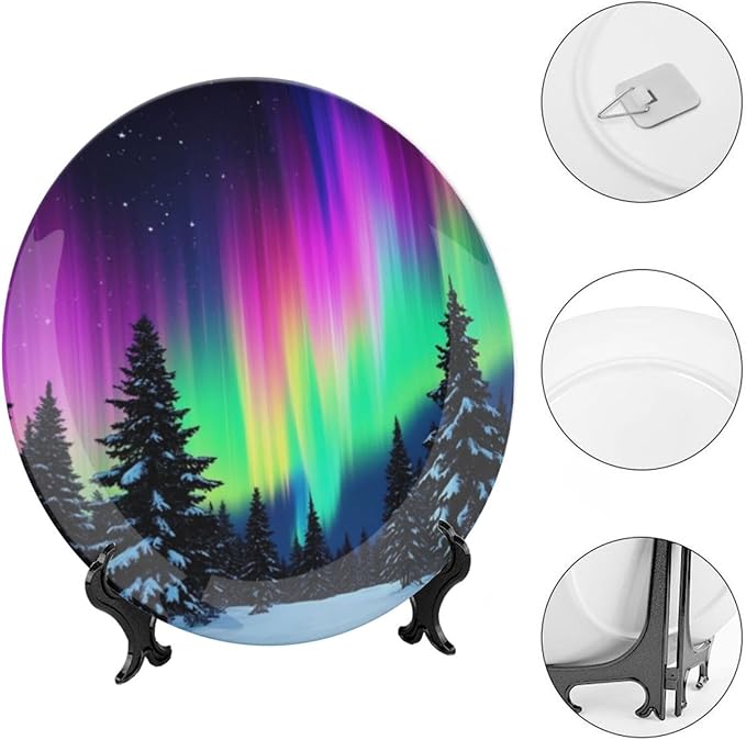 Aurora Theme Decorative Ceramic Plate Round Porcelain Plate,6 inch,Snow Forest Pattern,for Decorative Ornaments Giving Plates,1 Plate with 1 Display Stand,Purple Green