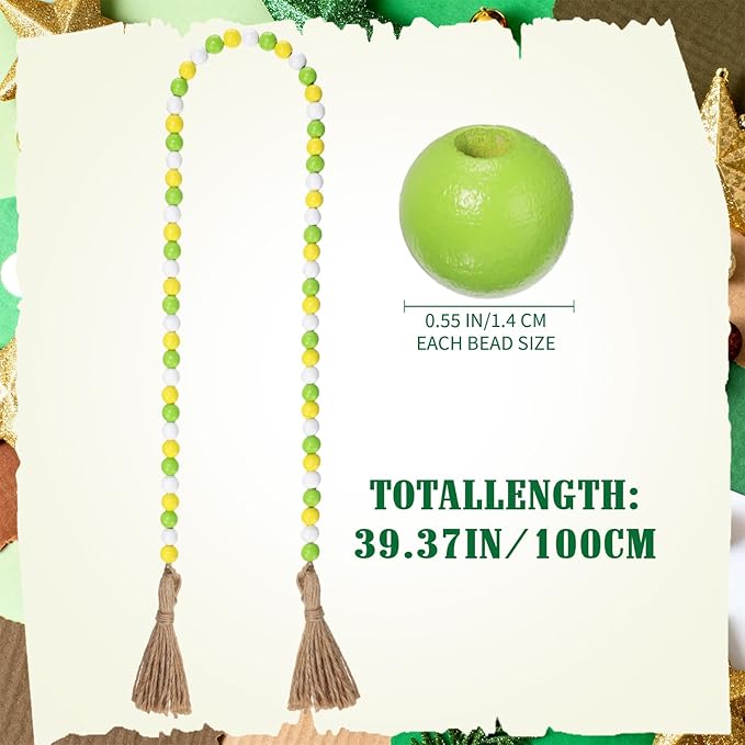 Equsion Seasonal Wooden Bead Garland with Tassels, 3.3 ft Holiday Vintage Boho Bead Garland Easter Tray Decoration, Vase Wall Room Art Birthday Party Decoration(Lemon Color)