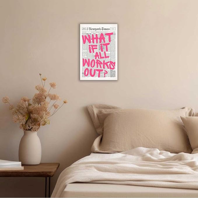 Drimiler Retro Newspaper Pink Font Poster What If It All Works Out Canvas Wall Art Positive Affirming Quote Minimalist Prints Painting For Home Bedroom Dorm Wall Decor 16x24in Wframed