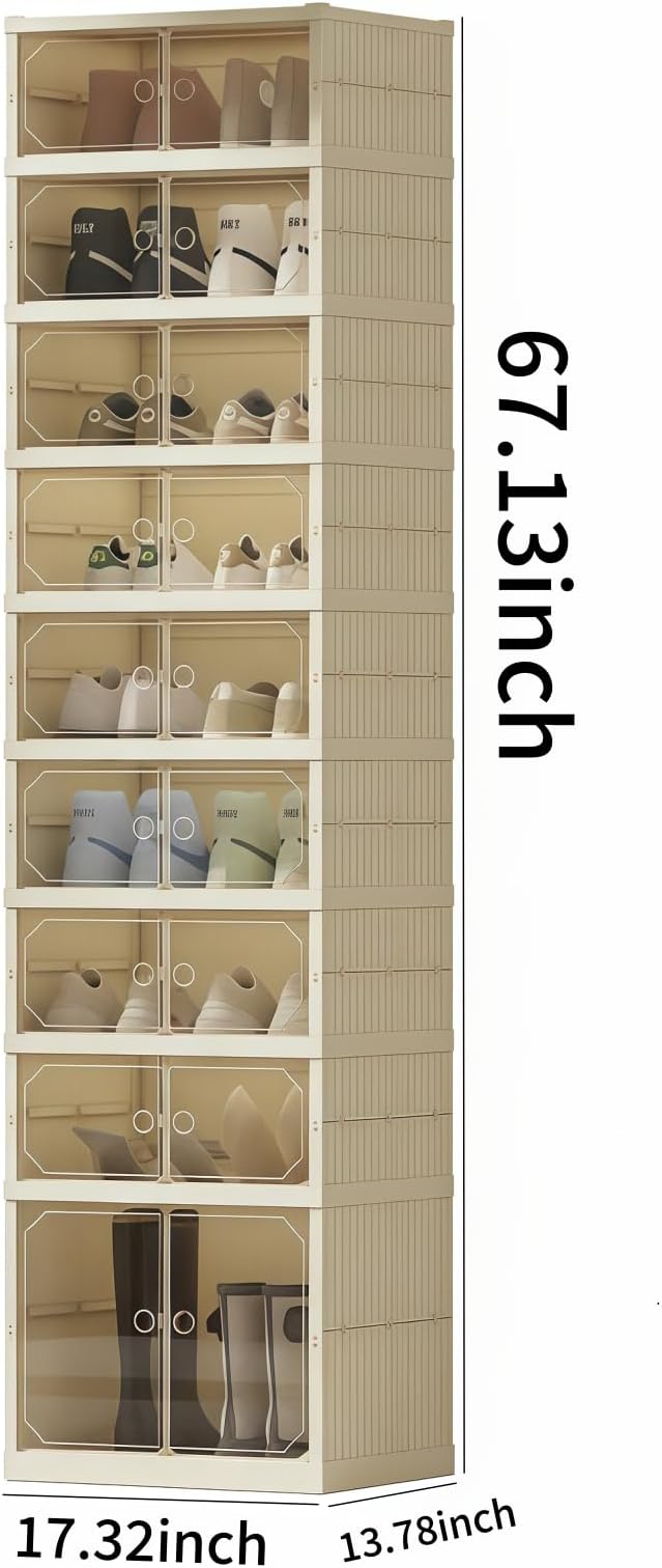 Elayce Nine-Layer Shoe Rack, Foldable Storage Box, Transparent Magnetic Door, no Installation Required, entryway Closet in White