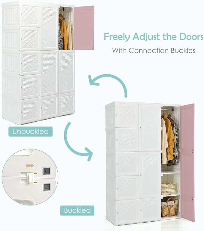 Tangkula Portable Closet Wardrobe, Foldable Clothes Organizer with Cubby Storage, Hanging Rods, Easy Assemble Clothing Storage with Magnet Doors, Folding Bedroom Armoire (10 Cubbies & 2 Rods)