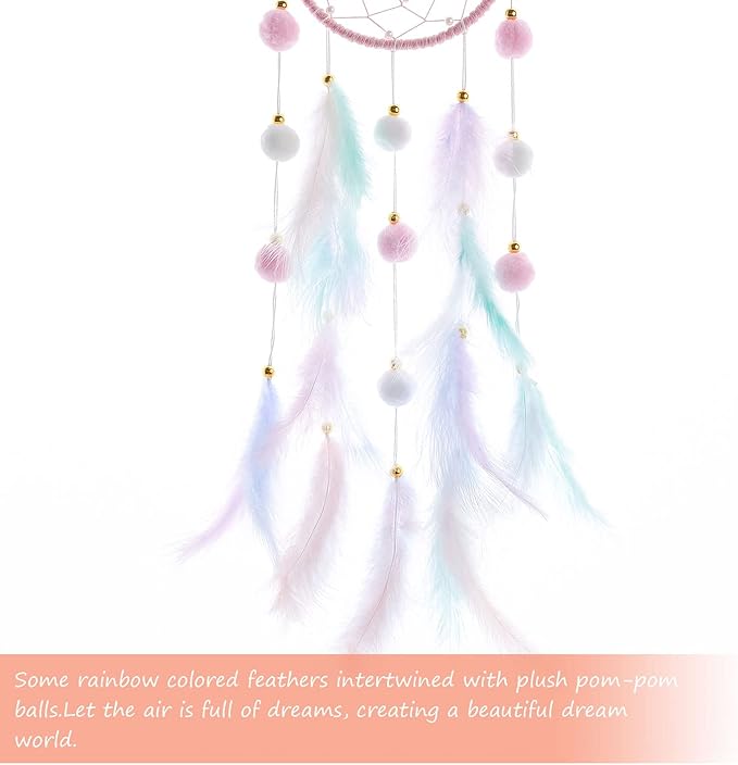 Pretty Jolly Pink Cat Kids Dream Catcher Wall Decor Pompom Feather Baby Dreamcatcher Handmade Children Dream Catcher Home Décor Wall Hanging for Nursery Bedroom Boys Girls Birthday Gift-25.6in