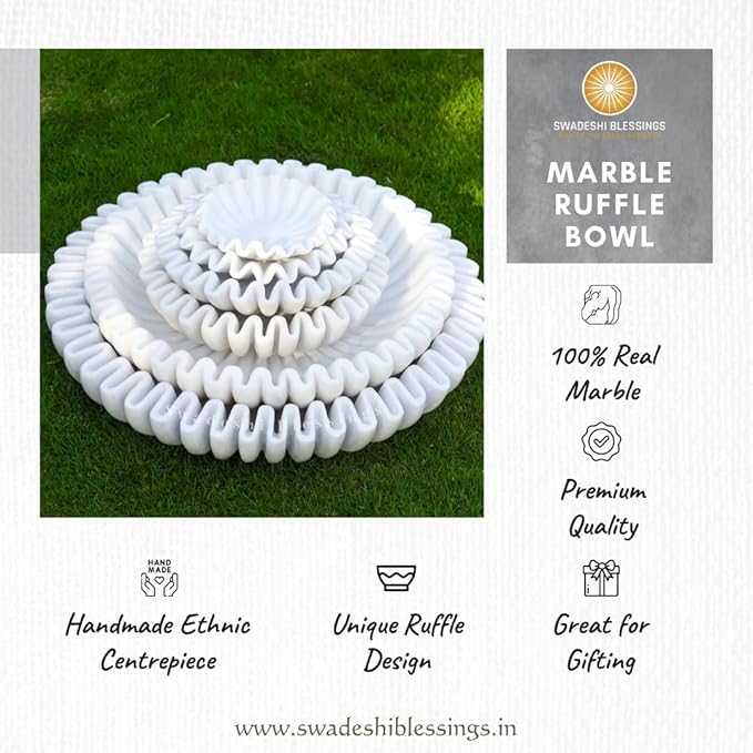 SWADESHI BLESSINGS HandCrafted Marble Ruffle Bowl/Antique Scallop Bowl/Fruit Bowl/Vintage Ring Dish/Decorative Flower Dish/HouseWarming Gift/Wedding Gifts/Urli (12 Inches)