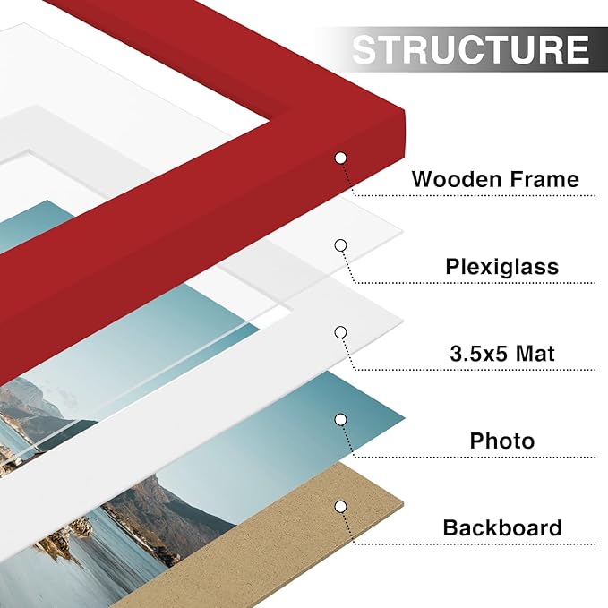 Vittanly 4x6 Picture Frames Set of 9, Shatter Resistant Plexiglass, Display 3.5x5 Pictures with Mat or 4x6 without Mat, Photo Frames for Wall or Tabletop, Engineered Wood, Red