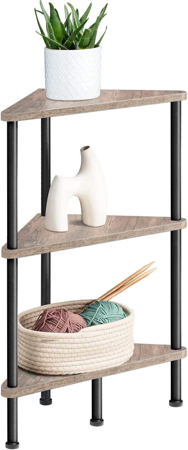 HOOBRO Corner Shelf Stand, Industrial 3-Tier Wall Corner Bookshelf with Metal Frame, Plant Display Shelf, Bookcase for Small Spaces, Living Room, Greige and Black BG30CJ01