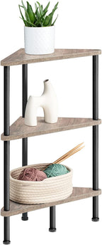HOOBRO Corner Shelf Stand, Industrial 3-Tier Wall Corner Bookshelf with Metal Frame, Plant Display Shelf, Bookcase for Small Spaces, Living Room, Greige and Black BG30CJ01