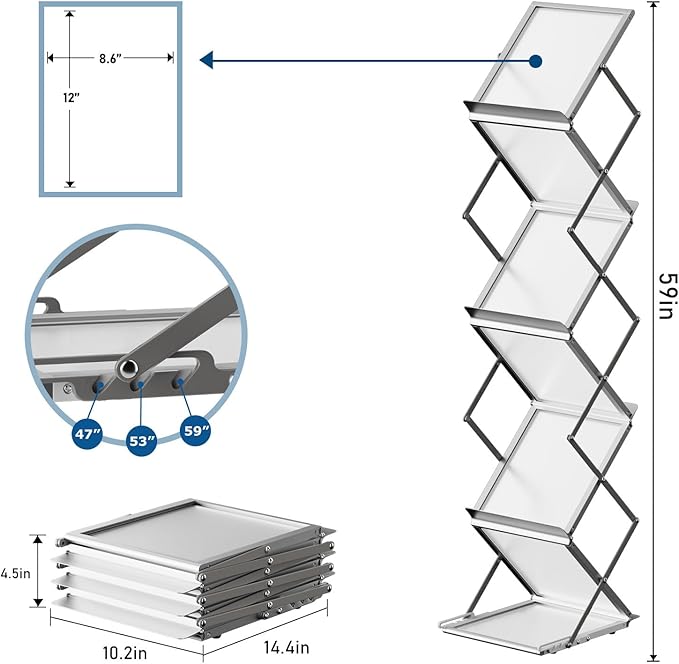 6 Pockets Foldable Literature Rack - Aluminum Magazine Rack, Brochure Catalog Display Stand with Carrying Bag for Exhibition, Trade Show, Office, Retail Store, Home - Silver