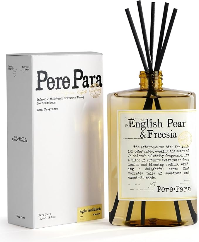 English Pear&Freesia Scent Reed Diffuser Refill 13.53 fl oz with 6 Sticks，【Brighten The Air】 Luxury Natural Long Lasting Home Fragrance Oil Air Freshener for Living Room and Office