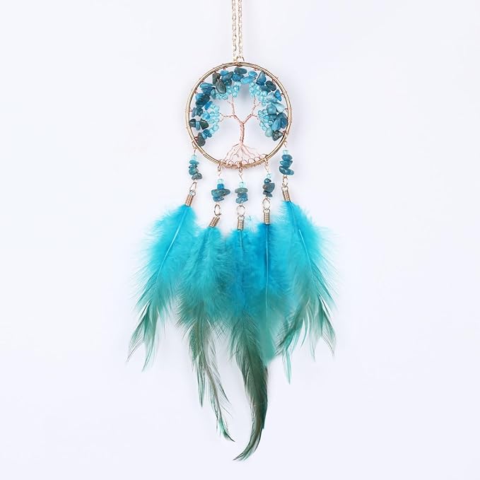 Pretty Jolly Small Tree of Life Crystal Stone Dream Catchers Blue Feathers Mini Dreamcatchers for Cars Rear View Mirror Hanging Decoration Good Luck Travel Charm Bedroom Ornaments for Women Girls