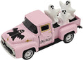 Halloween Decorations - Mini Cute Farmhouse Style Halloween Metal Truck Decor with 3 Removable Mini Ghost Ornaments for Tabletop, Tiered Tray, Shelf, Fireplace and Home Indoor Décor(Halloween-Pink)