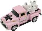 Halloween Decorations - Mini Cute Farmhouse Style Halloween Metal Truck Decor with 3 Removable Mini Ghost Ornaments for Tabletop, Tiered Tray, Shelf, Fireplace and Home Indoor Décor(Halloween-Pink)