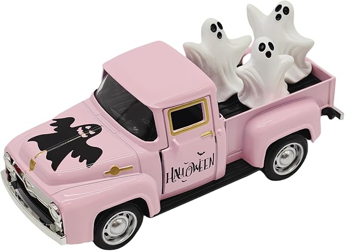 Halloween Decorations - Mini Cute Farmhouse Style Halloween Metal Truck Decor with 3 Removable Mini Ghost Ornaments for Tabletop, Tiered Tray, Shelf, Fireplace and Home Indoor Décor(Halloween-Pink)