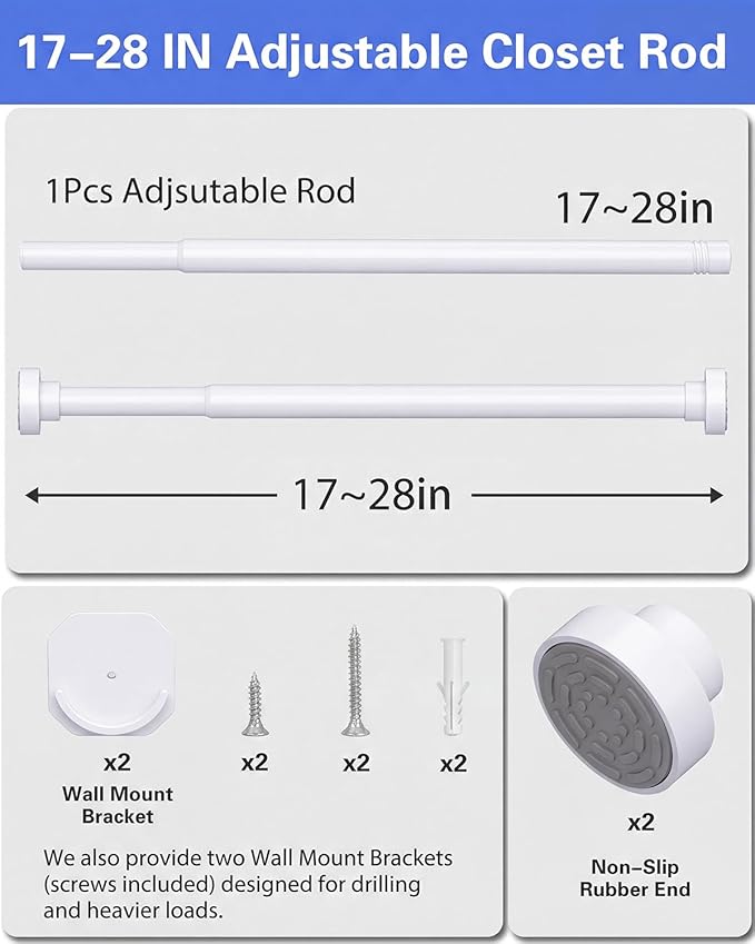 No Drilling Closet Rods for Hanging Clothes, Non Slip Tension Rod with Heavy Duty Clothes Hanging Rod, 17-28 Inches Adjustable Spring Closet Rod for Closet Wardrobe Bathroom Laundry RV, White