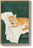 Framed Animal Wall Art for Bedroom Wall, Large Cozy Orange Tabby Cat Canvas Painting for Room Decor, Cute Pet Artwork for Walls, Relaxing Picture Print for Nursery Hallway Wall Decor, 24x36 Inch