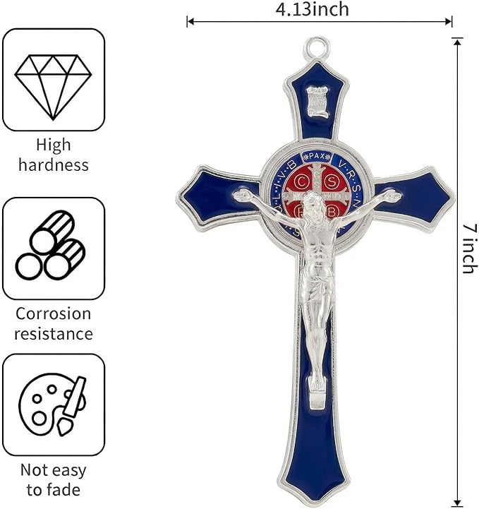 TALPGOD 7 Inch St Benedict Crucifix Blue,Crucifix Wall Cross for Catholic Decor,Jesus Christ Hanging Cross Wall Art Decor,Escapularios Catolicos,Saint Benedict Medal for Home Decoration