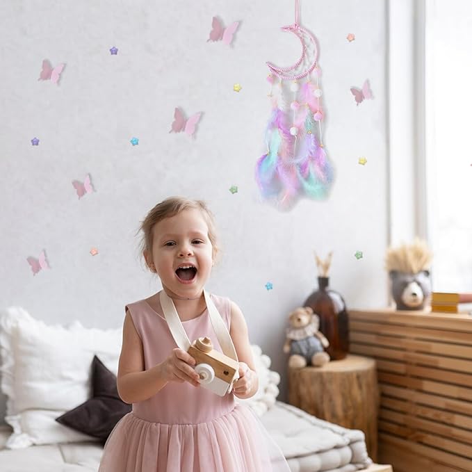 Fun-Plus Pink Dream Catcher Wall Hanging Set - 10 Butterflies & 16 Stars, Boho Room Decor for Girls, Easy Peel & Stick Wall Art for Bedroom, Nursery, Teen Room for Daughter, Birthday, Christmas
