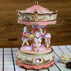 Carousel Music Box with 3 Rotating Horses, Color-Changing LED Lights, Wind-Up Clockwork 18-Note Melody, Small Resin Tabletop Decor, 5.9" Tall x 3.93" Dia (Pink)