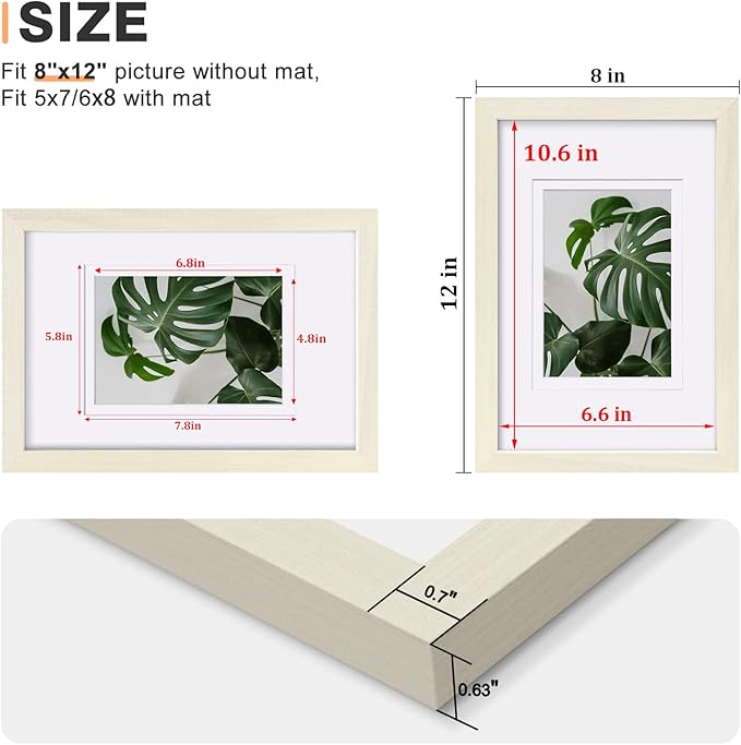 Egofine 8x12 Picture Frames Set of 4, Made of Solid Wood Covered by Plexiglass 5x7 and 6x8 with Mat or 8x12 without Mat, for Table Top Display and Wall Mounting Photo Frame Beige