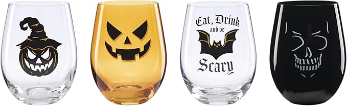 Oneida Barware, Vintro Halloween Stemless Wine Glasses, Set of 4, Dishwasher Safe, Made of Glass, Spooky Drinking Glasses Set, Halloween Decor Indoor, Skeletons and Bats as Design (4 Piece, 18 Oz)