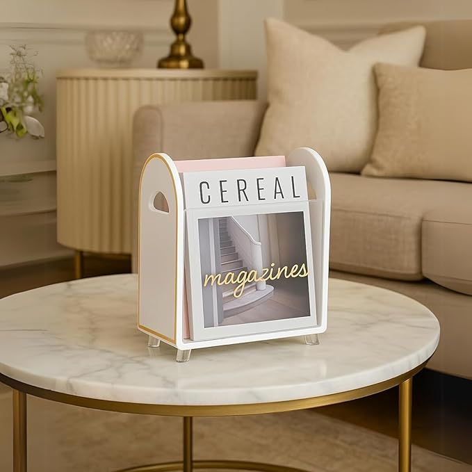 Khen Acrylic Magazine Rack Holder & Gold Trim - 12.40" x 10" x 4.49" - Crystal Lucite Clear - Shatterproof - Open Top - Space Saver - For Magazines, Publications, Office Desk, Reception, Waiting Room