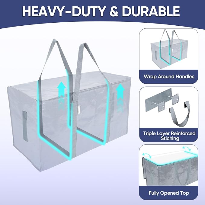 TICONN 4 Pack Extra Large Moving Bags Heavy Duty with Zippers & Carrying Handles, Durable Storage Bags Moving Boxes for Closet Organizers and Storage (4 Pack, Light Grey)