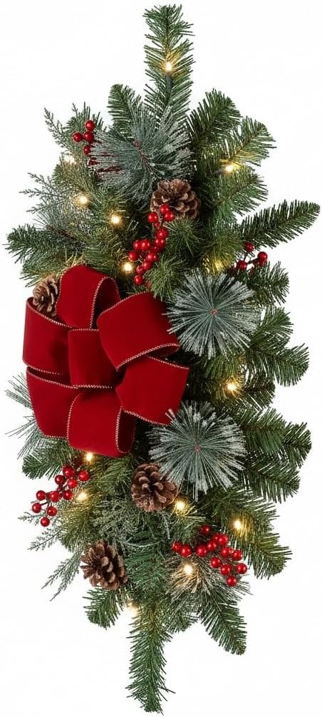 Haute Decor Classic Pre-lit 26 inch PE/PVC Artificial Fir Christmas Swag (Staircase), 20 Soft White LED, Indoor/Outdoor