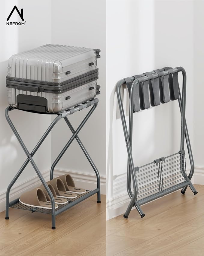 Set of 2 Luggage Rack with Storage Shelf, Foldable Suitcase Stand, Heavy Duty Metal Luggage Holder for Guest Room, Bedroom, Hotel, 150 lbs Top Capacity, 50 lbs Bottom Shelf LR-GY-2