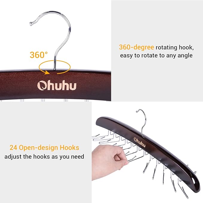 Tie Rack Hanger for Closet: Ohuhu 24 Folding Hooks Tie Hangers for Men Wooden Tie Holder Organizer Space Saving Necktie Storage 360 Degree Rotating Ties Belts Scarves Tank Tops Accessories-Walnut