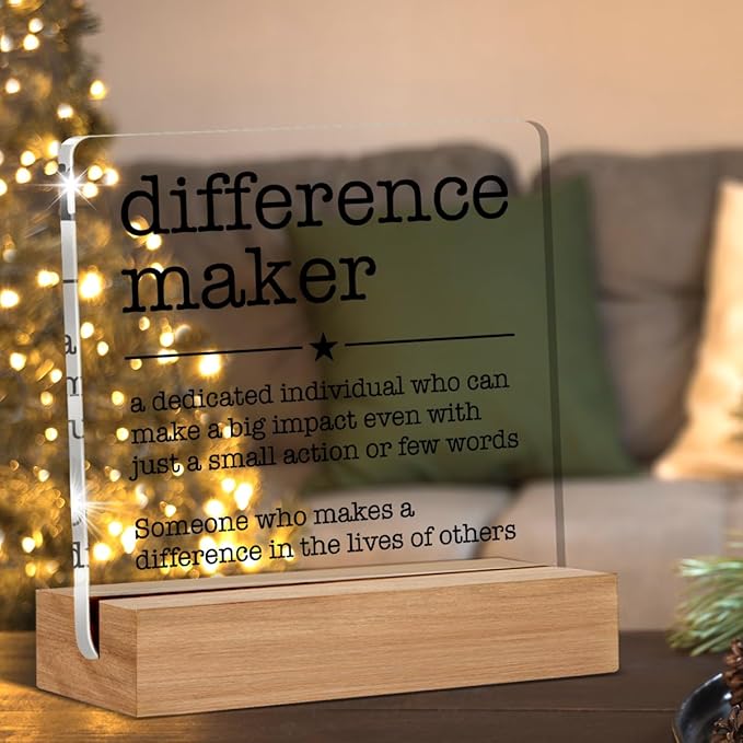 Appreciation Gifts for Leader Boss Mentor Coworker Teacher Difference Maker Gift Difference Maker Definition Clear Desk Decorative Sign Acrylic Sign With Wooden Stand for Desk Table Shelf